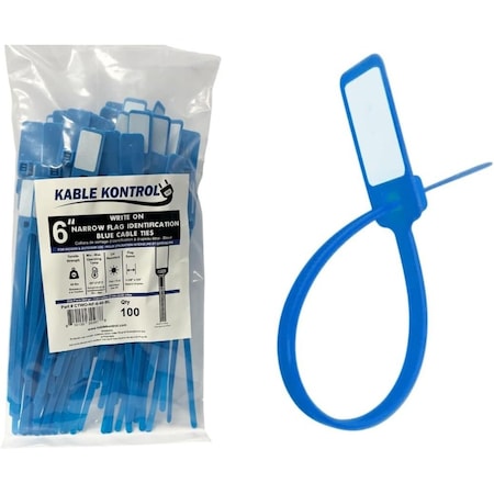 Kable Kontrol Write On Zip Tie Tags, 6in L, 40 Lbs Strength, 1-3/8in x 5/8in Flag Size, 100Pcs, Blue, 100PK CTWO-NF-6-40-BL