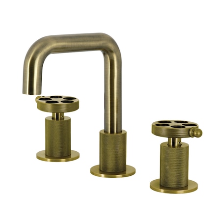 Kingston Brass Widespread Bathroom Faucet with Knurled Handle and Push Pop-Up Drain, Antique Brass KS1413RKZ