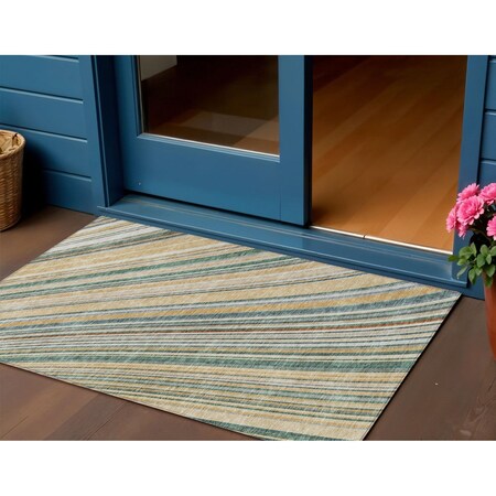 Homeroots 3' X 5' Beige Gold And Sage Striped Washable Indoor Outdoor Area Rug 614953