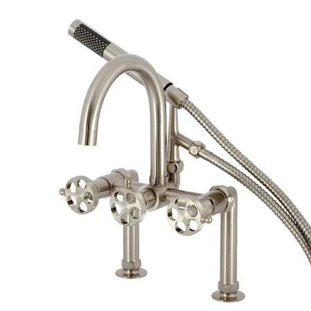 Kingston Brass 7" Center Deck-Mount Clawfoot Tub Faucet with Knurled Handle and Hand Shower, Brushed Nickel AE8108RKX