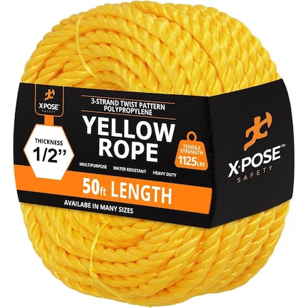 Xpose Safety 1/2in x 50 ft Twisted Polypropylene Rope, Yellow YPR12-50-X