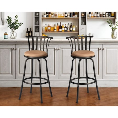 Homeroots Set of Two 29" Brown and Black Microfiber and Metal Low Back Bar Height Swivel Bar Chairs 568248