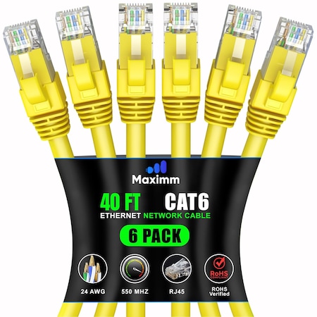 Maximm Cat6 Ethernet Cable 40ft 10Gbps 550MHz UTP, 6PK, Yellow, 6PK CAT6CCA-40YL6PK