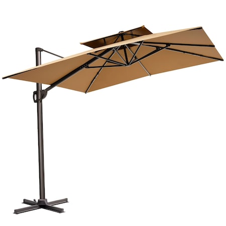 Homeroots 11ft Tan Polyester Round Tilt Cantilever Patio Umbrella With Stand 485675