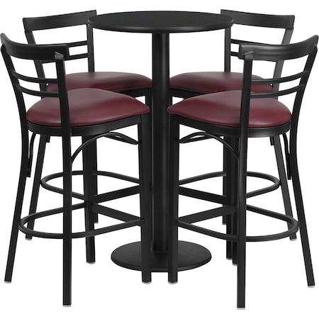 Flash Furniture Round Blk Bar Table, X-Base, Burgundy Seats, 24", Laminate Top, Wood Grain RSRB1037-GG