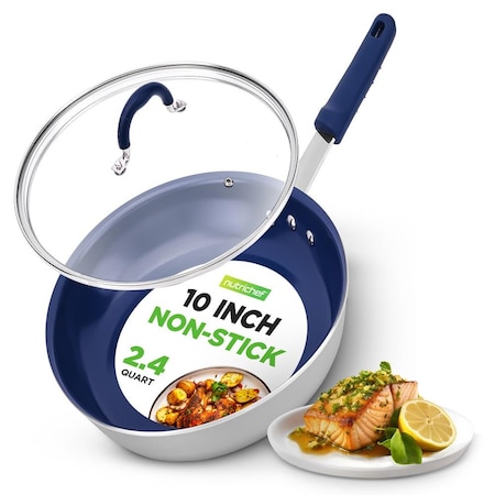 Nutrichef 10 in Medium Fry Pan with Lid - Non-stick Pan with Silicone Handle, Ceramic Coating Inside NCFRLD10