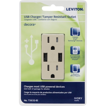Leviton Decora 3.6A 5V Ivory 2-Port USB Charging Outlet with 5-15R Tamper Resistant Duplex Outlet 001-T5632-00I