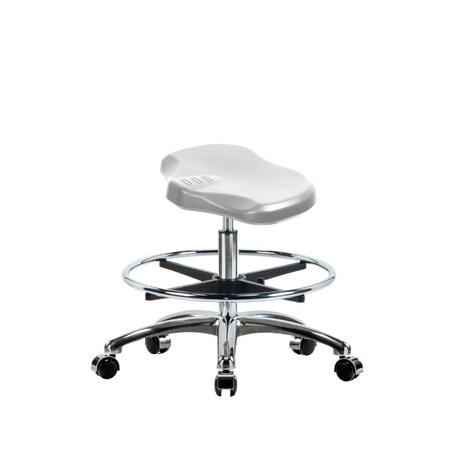 Blue Ridge Ergonomics Poly Ray Stool Chrome - Medium Bench Height with Chrome Foot Ring & Chrome Casters in Gray Poly PRPMBSL-CR-CF-CC-GRY