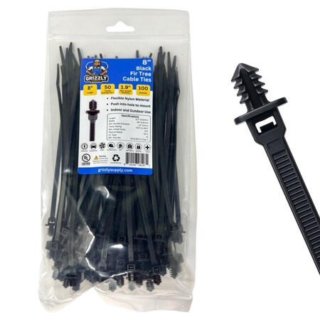 Grizzly Supply Fir Tree Cable Tie, 8 in L, 50 lb Strength, 2.2 in Max Bundle Dia, Nylon 6/6, Natural, 100PK GS-8-50-Fir Tree-C