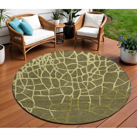 Homeroots 8' Olive Green And Dark Green Round Abstract Washable Indoor Outdoor Area Rug 601154