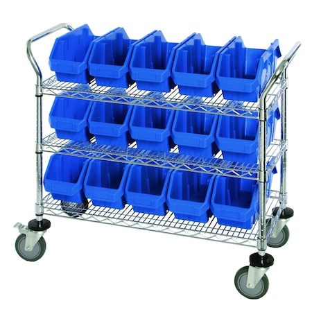Quantum Storage Systems WIRE SHELVING CART W/15 BLUE BINS WRC3-1836-1867BL