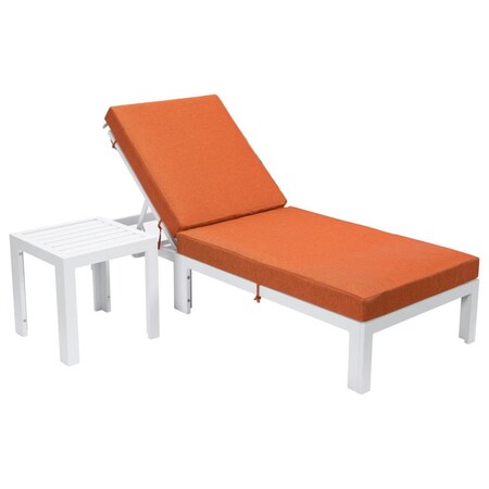 Leisuremod Chelsea Modern Outdoor White Chaise Lounge Chair With Side Table & Orange Cushions CLTW-77OR