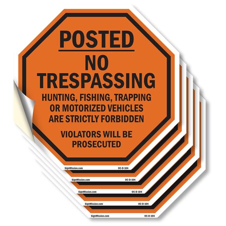 Signmission Posted No Trespassing Hunting, Fish, 6 inch X 6 inch, Vinyl Decal, 5PK OC-D-5PACK-6-104