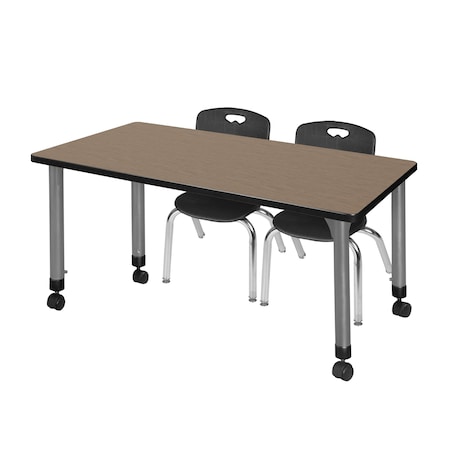 Regency Kee Mobile Adjustable Classroom Table W/ 2 Andy Mobile Chairs, 60 in W, 30 in L, Noble Oak MT6030NOAPCGY45BK
