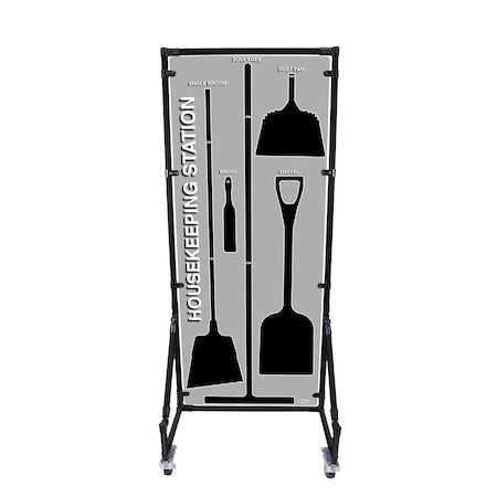 5S Supplies Housekeeping Shadow Board Broom Station V5, Gray / Black Shadows, Kit + Stand HSB-V5-GRAY/BLACK-KIT-STAND