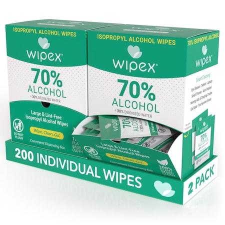 Wipex 70% Isopropyl Alcohol Wipes Sachets 100ct Gravity Dispenser Box, 200 wipes, Plant-Based Cloth, 2PK WX72306SSDB1-2