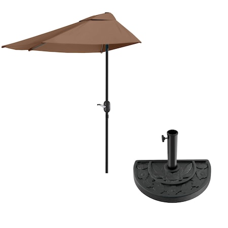 Pure Garden 9 ft Half Patio Umbrella with 20lb Base and Brown Outdoor Canopy Shade 83-OUT5464B