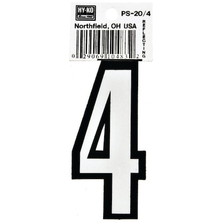 Hy-Ko Reflective Sign, Character: 4, 3-1/4 in H Character, Black/White Character, Vinyl PS-20/4