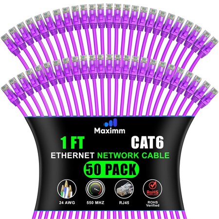 Maximm Cat6 Ethernet Cable 1ft 10Gbps 550MHz UTP, 50PK, Purple, 50PK CAT6CCA-1PU-50PK