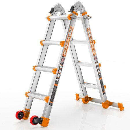 Wrightmaster 14 ft. Aluminum Multi-Position Ladder w/ Wheels and Stabilizer Bar, 330 lbs. Load Capacity, Orange ZOR-14FT-OR