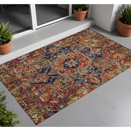 Homeroots 2' X 3' Red Orange and Blue Oriental Washable Non Skid Indoor Outdoor Area Rug 563781