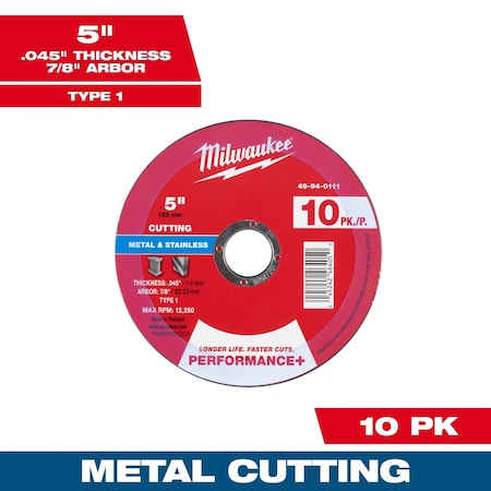 Milwaukee Tool 49-94-0111 Cut-Off Wheel, 7/8&Prime; Sz, 5&Prime; Dia., Pk10