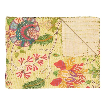 Homeroots 50" X 70" Yellow And Pink Floral Cotton Quilted Kantha Throw Blanket with Embroidery 544516