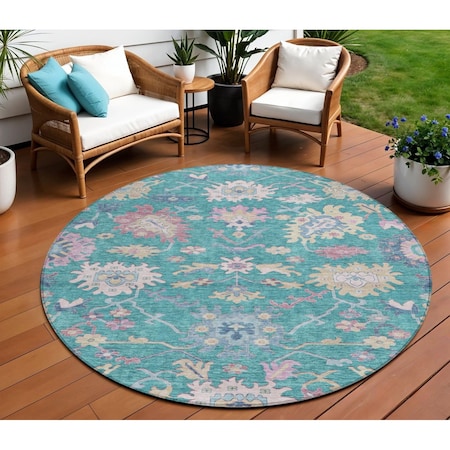 Homeroots 8' Teal Blue Pink And Ivory Round Floral Washable Indoor Outdoor Area Rug 605339