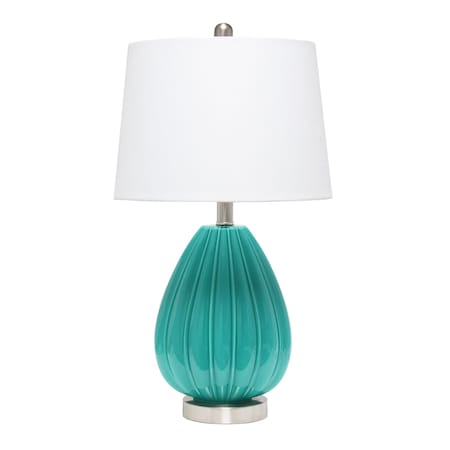 Homeroots 23" Teal Blue And Silver Glass And Metal Novelty Table Lamp With White Drum Shade 642993