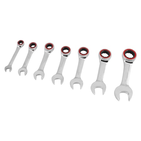 Performance Tool 7 pc. SAE Ratcheting Wrench Set, Stubby, 100 Gear Teeth, Chrome Vanadium W30634