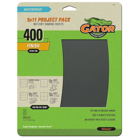 Gator Finishing SilicaCut 9 x 11 in. Project Pack Wet/Dry Sanding Sheets, 400 Grit, Extra Fine, 5PK 4472