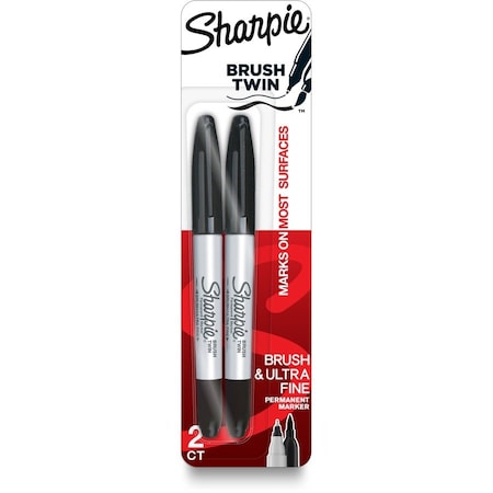 Sharpie Brush Twin Permanent Markers, Ultra Fine Brush Marker Point, Black Ink, 6PK 2152698