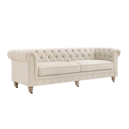 Homeroots 92" Beige Linen Chesterfield Wood Sofa 543987