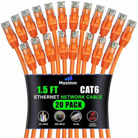 Maximm Cat6 Ethernet Cable 1.5ft 10Gbps 550MHz UTP, 20PK, Orange, 20PK CAT6CCA-1.5OR-20PK