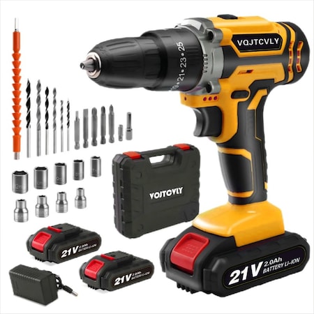 Edendirect 21V Cordless Drill Set, 2Ah Battery, 3/8 Keyless Chuck, 25+1 Position, 2-Speed, Yellow IR-0023
