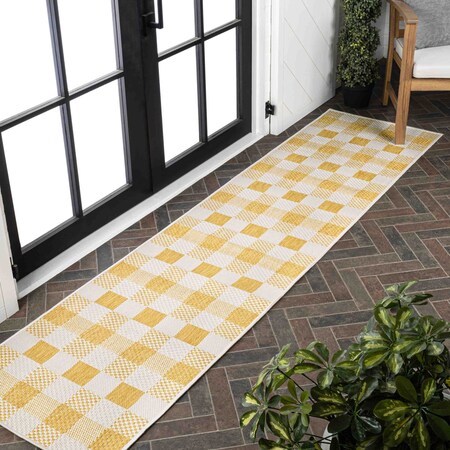 Jonathan Y Darcy Traditional Geometric Bold Gingham Yellow/Cream 2 ft. x 8 ft. Indoor/Outdoor Runner Rug TSN201D-28
