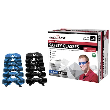 Bison Life Keystone, Safety Glasses, Anti-Scratch, Blue & Black Lens, Frameless, 12 PK BL-KSSG1-CLBT-BLBK-12