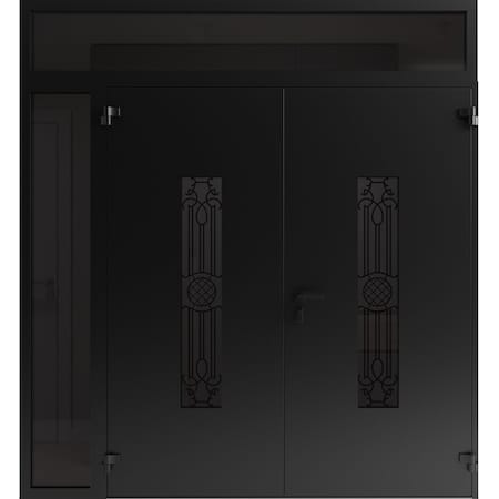 Vdomdoors Front Exterior Prehung Aluminum Double Doors Ronex1477 Black Enamel Top Transom Mirrored Clear RONEX1477DEXD-BLK-W72+16xH96+14-LH-O