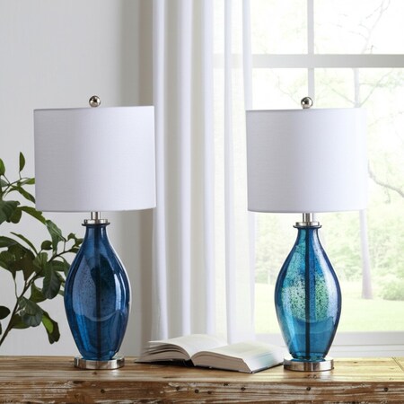 Homeroots Set of Two 30" Blue Crystal And Glass Table Lamps With White Drum Shades 571282