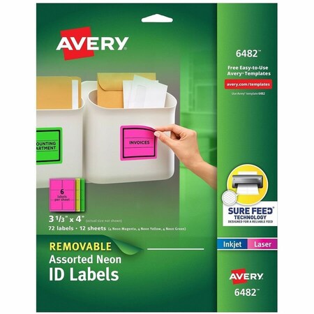 Avery Dennison Avery, HIGH-VIS REMOVABLE LASER/INKJET ID LABELS W/ SURE FEED, 3 1/3 X 4, NEON, 72PK 6482