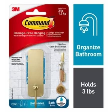 Command Medium Bath Hook, 3 lb, 1-Hook, Metal, Satin Brass BATH43-BR-ES