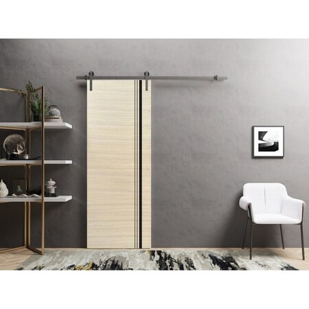 Sartodoors Sliding Barn Door with 6.6ft Hardware, Planum 0011 Natural Veneer and Aluminum Strips, Rail Hangers PLANUM0011BD-S-SHP-3296