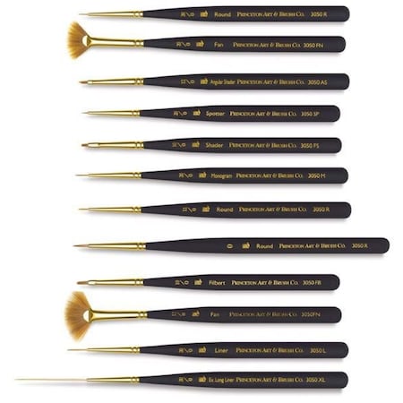 Princeton Mini-Detailer Brush Set, Synthetic, Short Handle Mixed Media Paintbrush, Black, 12-Piece Set P305012SET