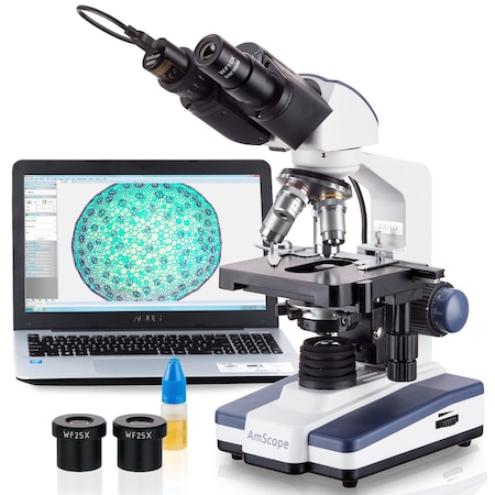 Amscope B120 Student & Professional LED Binocular Compound Microscope 40X-2500X w/3MP Digital Camera and 3D B120C-E3