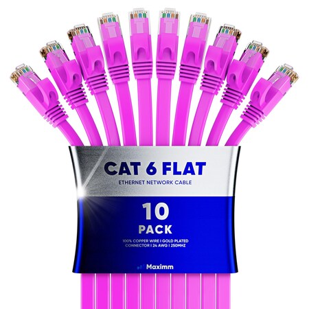 Maximm Cat6 Flat Ethernet Cable 25ft, 10PK, Pink, 10PK CAT6F-25FTPINK10PK