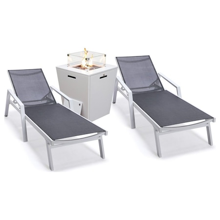 Leisuremod Marlin White Aluminum Patio Chaise Lounge Chair, Arms Set of 2, Square Fire Pit Table, Black MLAWCF21-77BL2