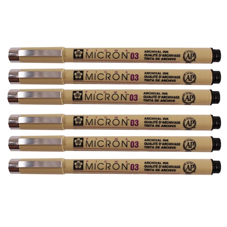 Sakura Pigma Micron Pen, Black, 0.35mm, Size 03, 6PK XSDK03-49