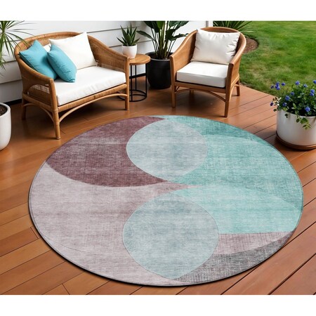 Homeroots 8' Teal Blue Brown And Beige Round Geometric Washable Indoor Outdoor Area Rug 604955