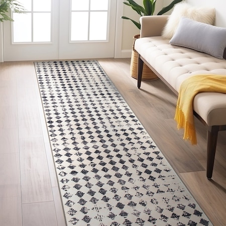 World Rug Gallery Geometric Distressed Abstract Washable Non Slip Runner Rug 2 ft x 8 ft Ivory WR69IVORY2X8