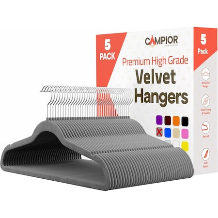 Campior Gray Velvet Hangers, 360 Deg Swivel Hook, Non-Slip and Space Saving Hangers, Heavy-Duty, 5PK CMPVVH5GY